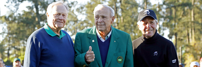 The Big Three, Nicklaus, Palmer & Player, at the 2016 Masters. (Photo by AP Photo/Charlie Riedel)